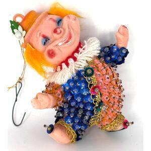 Vintage Walco Happy Clown Handmade Christmas Ornament Sequined Bedazzled